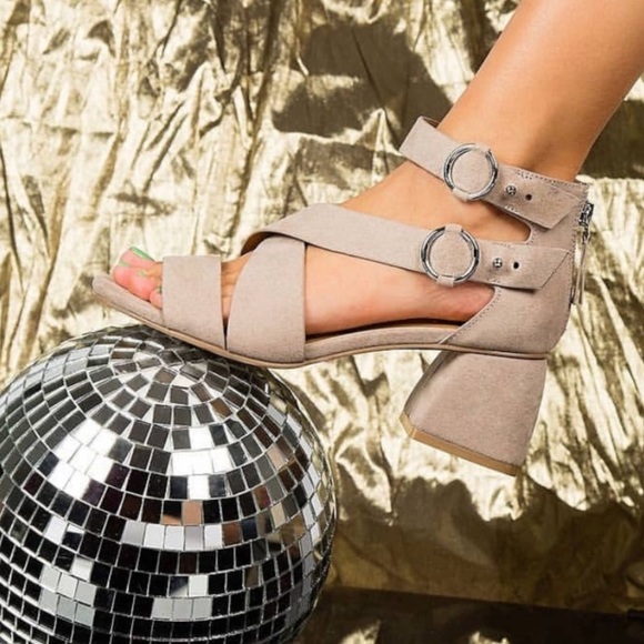 Taupe Chunky Block Heel Buckled Chic Sandals - Picture 3 of 3